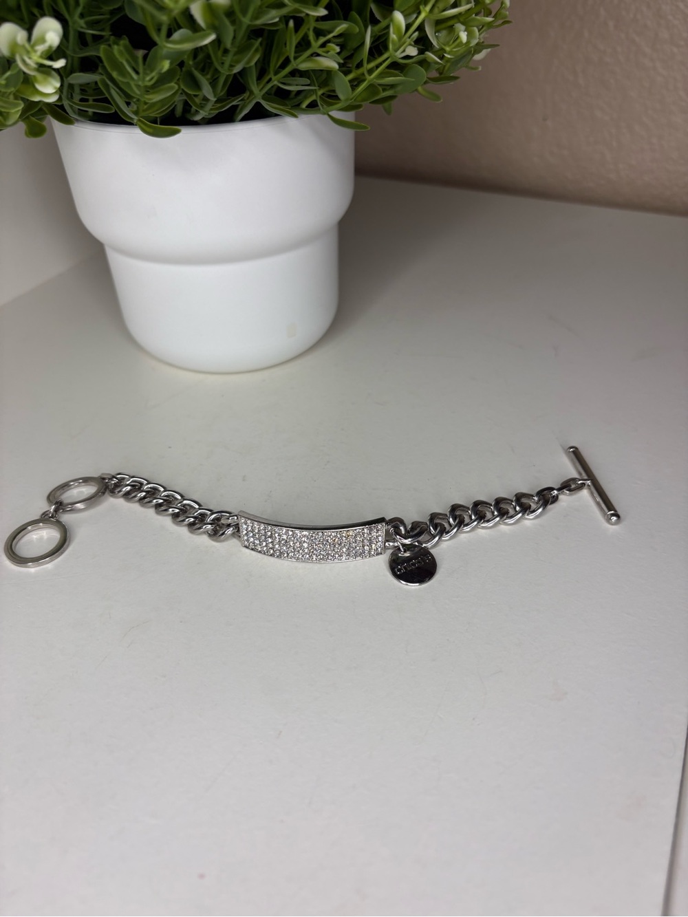 Chico’s Silver Pave Rhinestone ID Bar Toggle Bracelet Curb Chain Bling